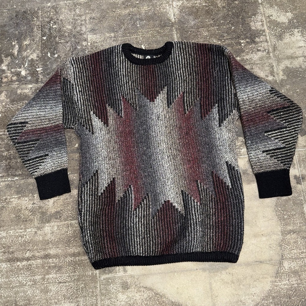 Vintage USA Panache Chunky Knit Sweater Men's Size Small Black Burgundy Aztec